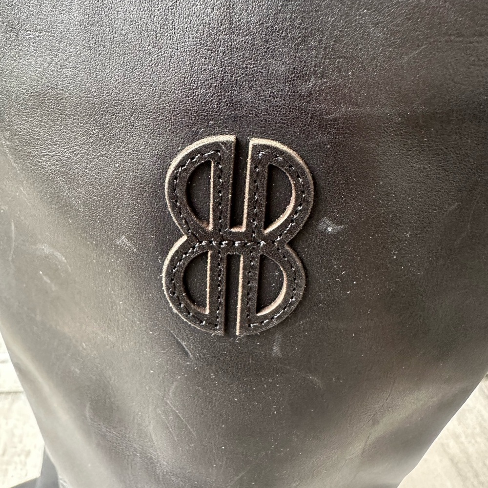 Bill Blass Anthropologie Black Monogram Leather Knee High Block Heel Boots 8.5 - Picture 4 of 12